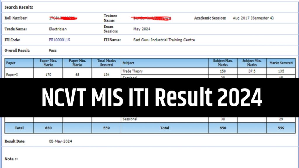 NCVT MIS ITI Result 2024, 1st & 2nd Year Result Out Check Now @ncvtmis.gov.in